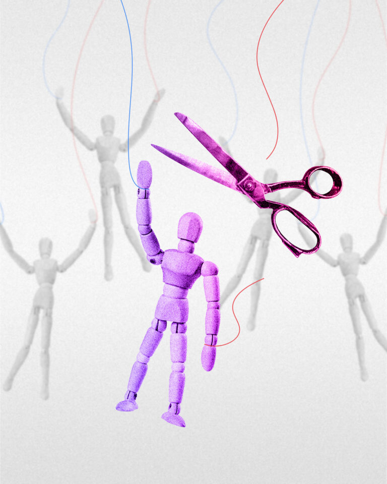 A conceptual image featuring several grayscale wooden mannequins attached to strings like marionettes. In the foreground, one mannequin is colored purple and appears to be cutting its own red string with a pair of oversized, purple scissors. This suggests a theme of autonomy or breaking free from control.