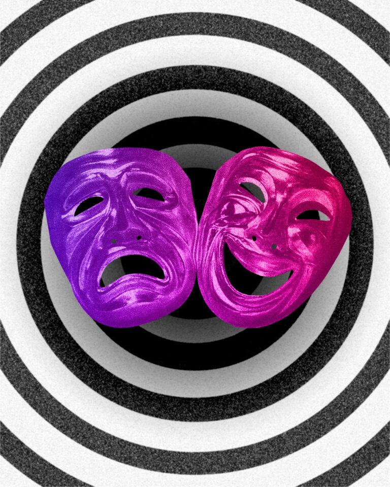 Cover image which shows two masks one happy one sad